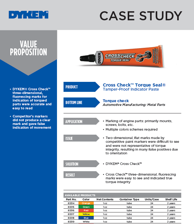 DYKEM® Cross Check™ Indicates Torque on Engine Parts