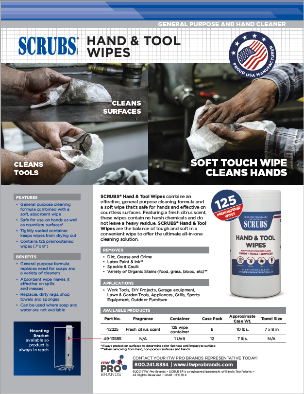 SCRUBS Hand & Tool Wipes Sell Sheet