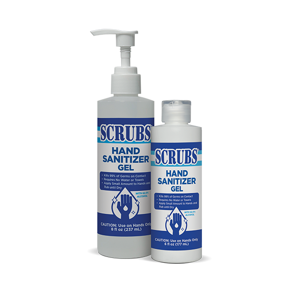SCRUBS Hand Sanitizing Gel product packaging, 6 ounce bottle and 8 ounce pump bottle