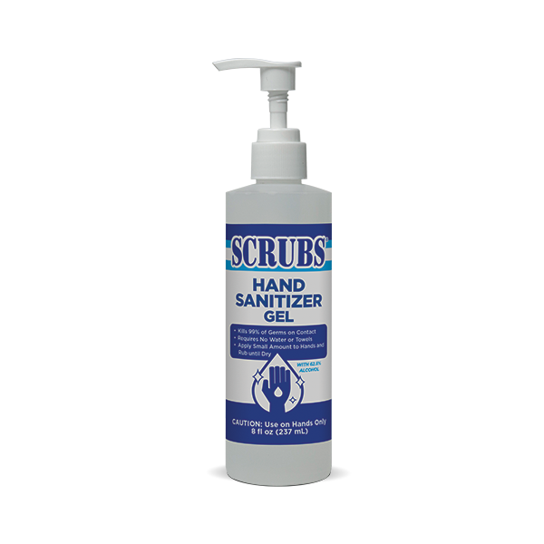 SCRUBS Hand Sanitizing Gel product packaging, 8 ounce pump bottle