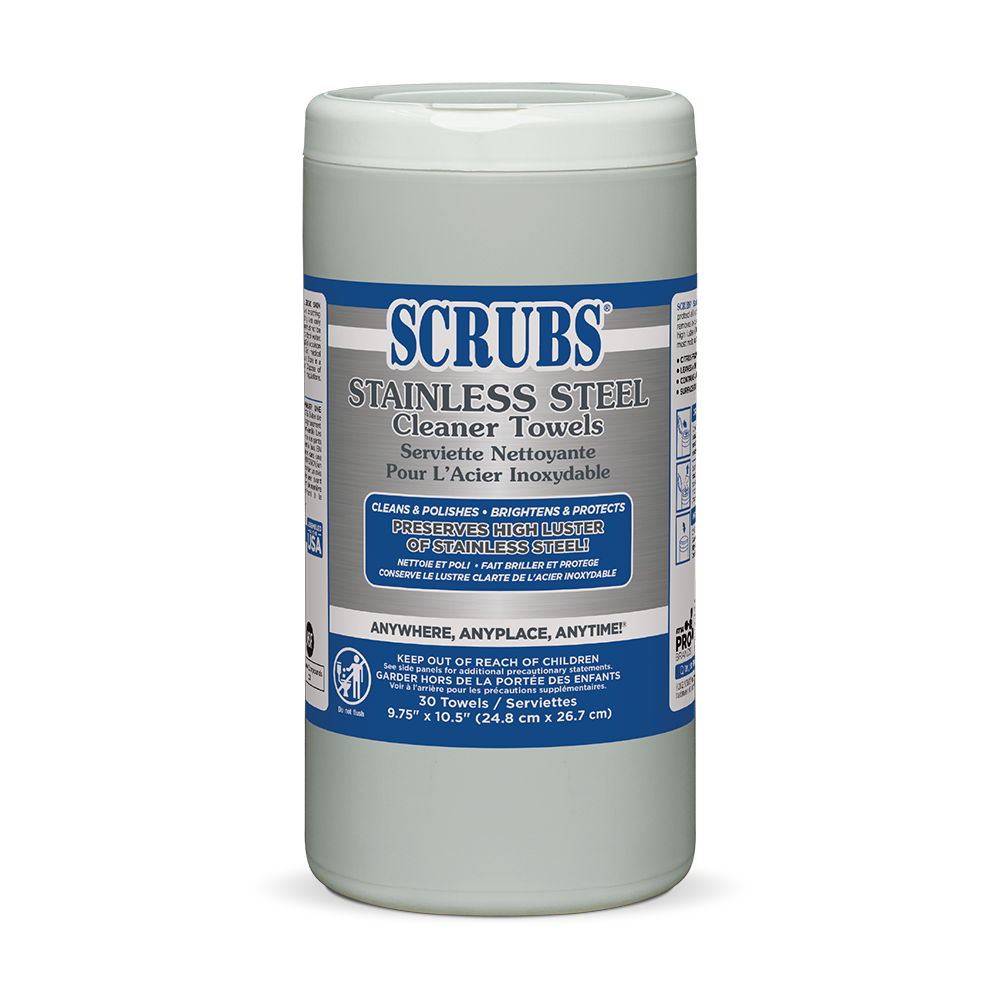 Canister of SCRUBS Stainless Steel Cleaner Towels for cleaning, polishing, and protecting metal surf
