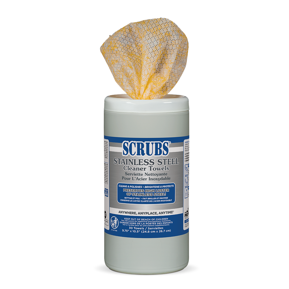 Open canister of SCRUBS Stainless Steel Cleaner Towels with a single wipe being pulled out