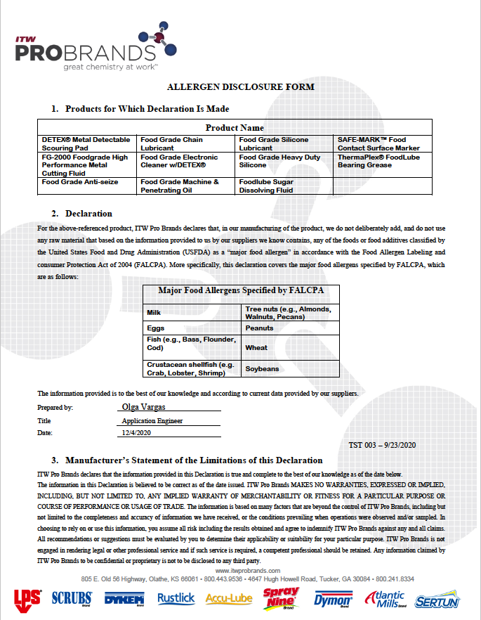 Allergen Disclosure Form