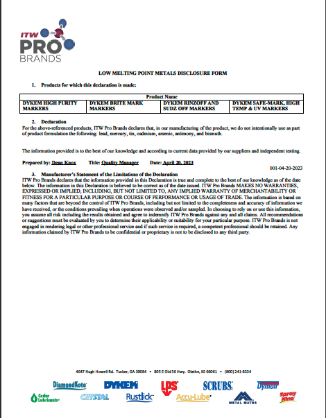 Low Melting Point Metals Disclosure Form