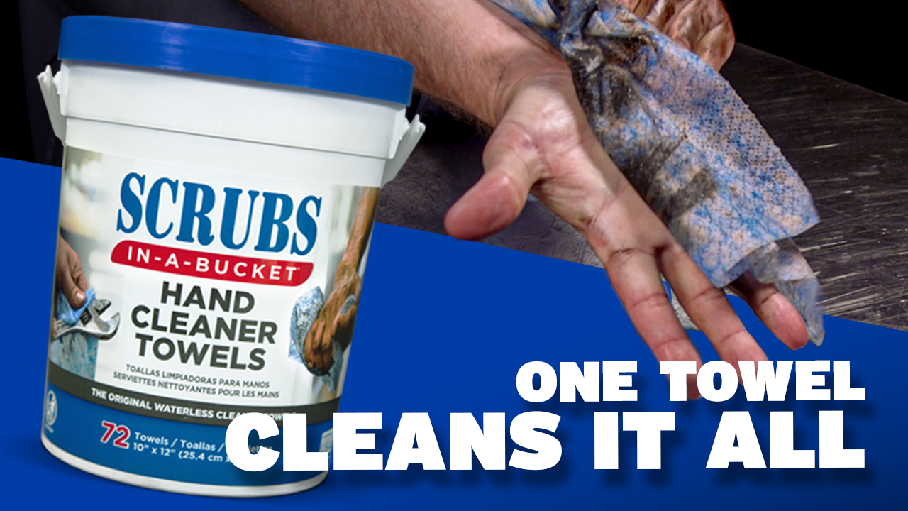 SCRUBS in-a-Bucket cleans tools, surfaces, and hands with one towel